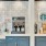 a kitchen with blue cabinets