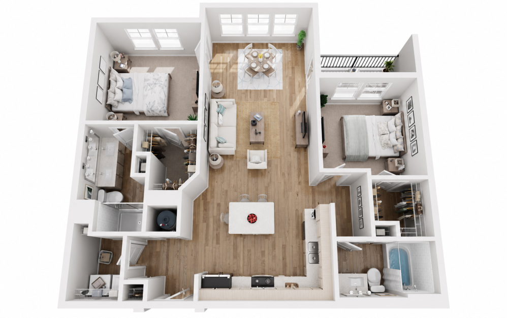 B2 - 2 bedroom floorplan layout with 2 bathrooms and 1111 square feet