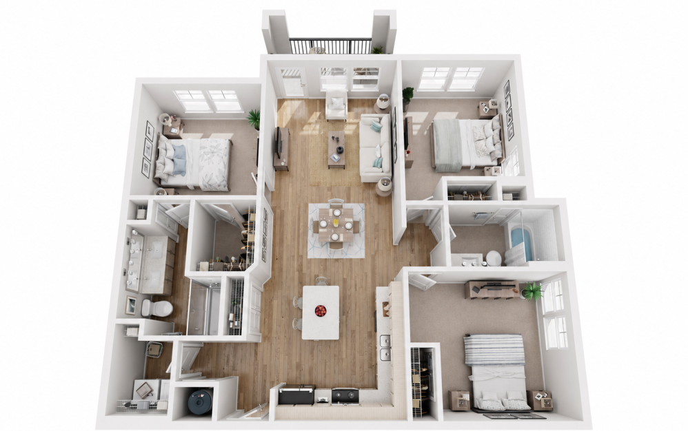 C1 - 3 bedroom floorplan layout with 2 bathrooms and 1276 square feet