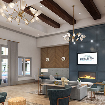 Charleston Wesley Chapel luxury apartments clubhouse lounge space with modern furniture and fireplace.