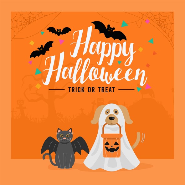 Halloween flyer with a dog dressed in a ghost costume holding a pumpkin candy basket and a cat dressed as a bat
