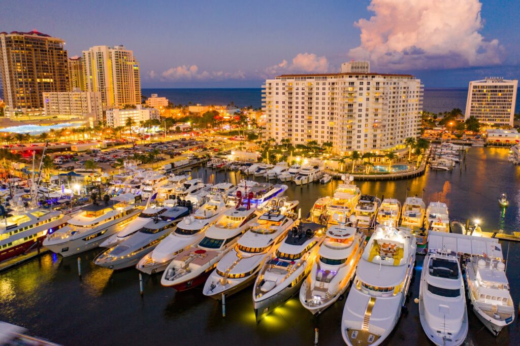 Multimillion dollar yachts in Fort Lauderdale twilight aerial photo boat show