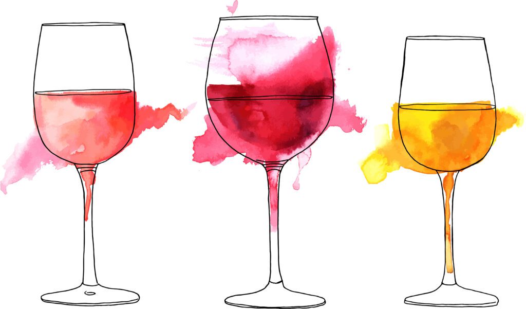 A set of vector and watercolor drawings of glass of rose, red, and white wine with splashes of paint, on white background