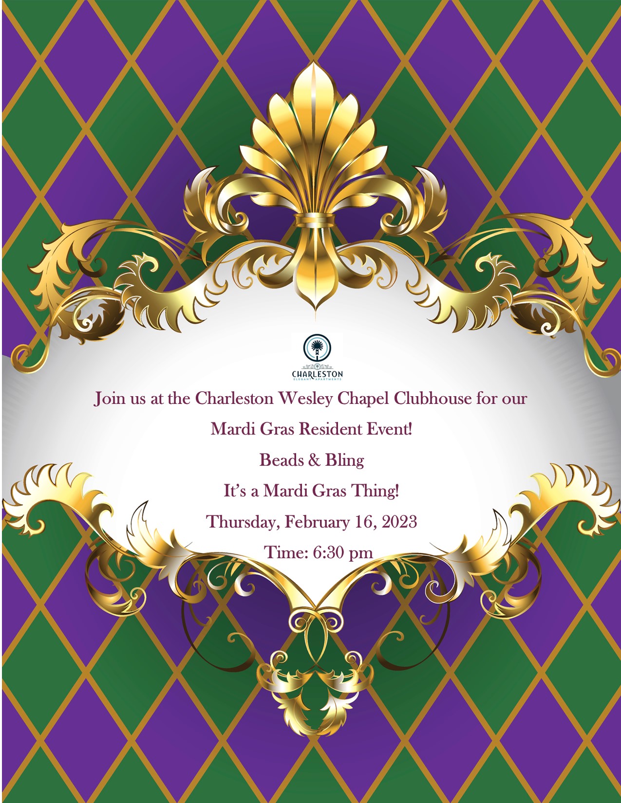 Mardi Gras resident event flyer with mardi gras colors that says thursday, february 16th, 2023 at 6:30pm