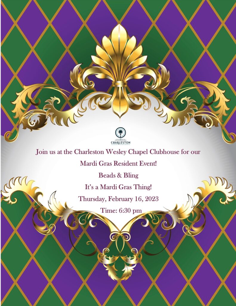 Mardi Gras Resident Event Flyer with Mardi Gras colors with date of thursday, february 16th, 2023 at 6:30 PM