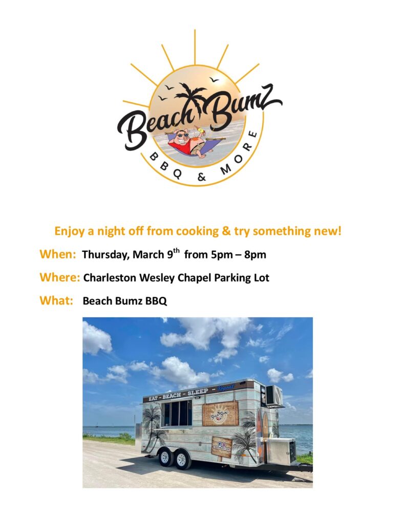 Beach Bumz BBQ flier for Thursday March 9th from 5pm to 8pm in the Charleston Wesley Chapel Parking lot