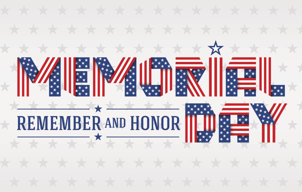 US Memorial Day greeting card. Text made of interlaced ribbons with USA flag's stars and stripes. Vector illustration.